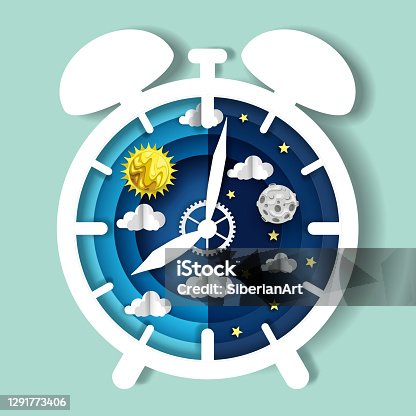 istock Paper cut craft style clock with day and night sky on dial, vector illustration. Sleep wake cycle. Circadian rhythm. 1291773406
