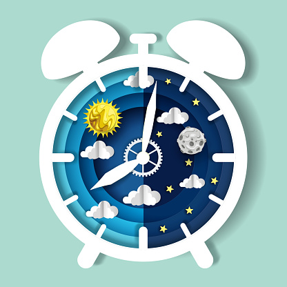 Paper cut craft style clock with day and night sky on dial, vector illustration. Sleep wake cycle. Circadian rhythm, internal body clock.