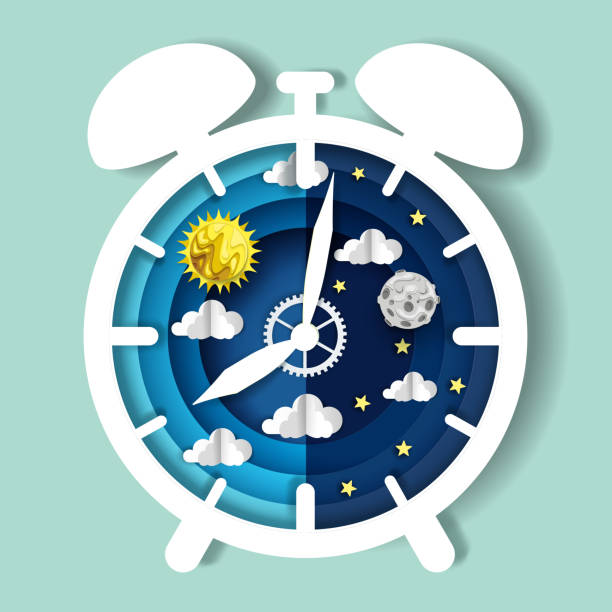 Paper cut craft style clock with day and night sky on dial, vector illustration. Sleep wake cycle. Circadian rhythm. Paper cut craft style clock with day and night sky on dial, vector illustration. Sleep wake cycle. Circadian rhythm, internal body clock. routine illustrations stock illustrations