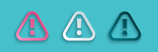 青い背景に分離された三角形のアイコンでペーパーカット感嘆符。危険警告サイン、注意、注意、危険警告重要。紙のアートスタイル。ベクトルの図 - ng点のイラスト素材／クリップアート素材／マンガ素材／アイコン素材
