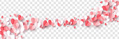Red, pink and white flying hearts isolated on transparent background. Vector illustration. Paper cut decorations for Valentine's day border or frame design,