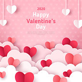 Valentine's day concept background. Vector illustration. 3d red and pink paper cut hearts with white clouds. Cute love sale banner or greeting card