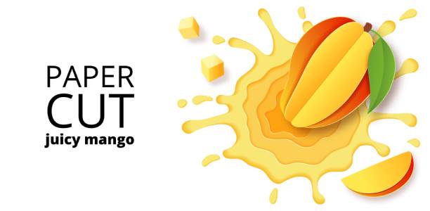 Paper cut mango juice splashes and drops. Isolated on white background Mango juice splashes and drops in a paper cut style. Mango slices and paper slices. Stock vector illustration. Isolated on white background vector illustration. Vector paper cut poster, banner, design template. Origami art smoothie clipart stock illustrations
