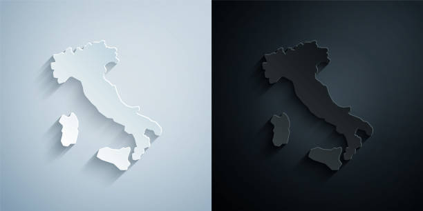 paper cut map of italy icon isolated on grey and black background. paper art style. vector - lazio 幅插畫檔、美工圖案、卡通及圖標