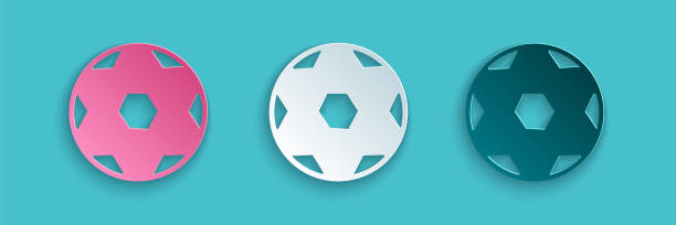 Paper cut Soccer football ball icon isolated on blue background. Sport equipment. Paper art style. Vector Paper cut Soccer football ball icon isolated on blue background. Sport equipment. Paper art style. Vector. pink soccer balls stock illustrations