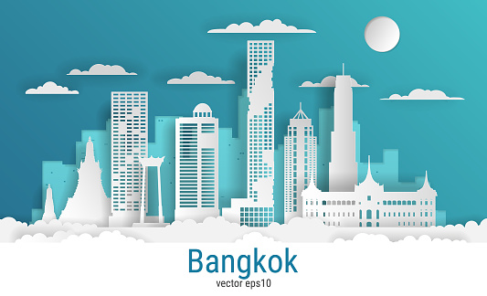 Paper cut style Bangkok city, white color paper, vector stock illustration. Cityscape with all famous buildings. Skyline Bangkok city composition for design