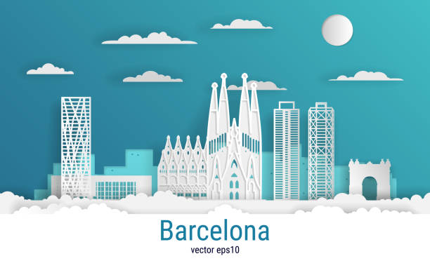 kağıt kesme tarzı barcelona şehir, beyaz renkli kağıt, vektör stok i̇llüstrasyon. tüm ünlü binalar ile cityscape. skyline barcelona tasarım için şehir kompozisyon - barcelona stock illustrations