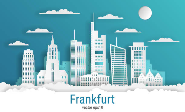бумага вырезать стиль франкфурт-сити, белая цветная бумага, вектор фондовой иллюстрации. городской пейзаж со всеми известными зданиями. skyli - frankfurt stock illustrations