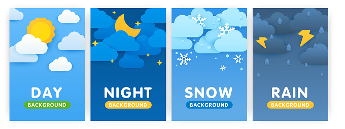 Paper cut weather vertical posters concept. Weather forecast app widgets. Day, night, snow and rain. Cartoon flat background for smartphone applications. Empty space for text.