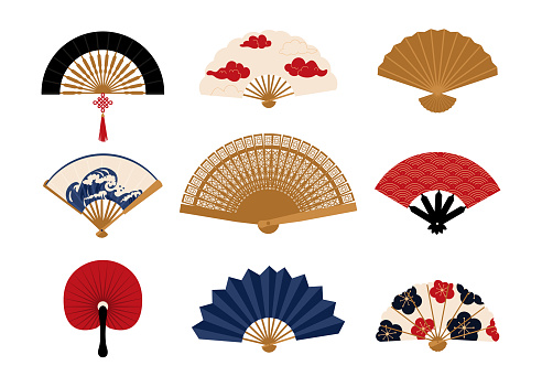 Paper fan. Chinese folding painted hand accessories. Japanese traditional vintage clothing decorative elements collection. Isolated Asian bright souvenirs. Vector oriental clothes set