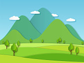 Paper field landscape. Summer landscape with green hills and blue sky, white clouds. Layered papercut creative vector 3d nature ecology graphics earth image