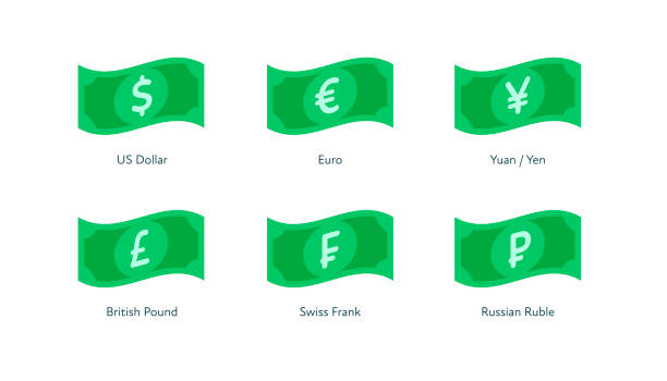 ilustrações de stock, clip art, desenhos animados e ícones de paper flying currency flat illustration. green colored banknotes. national money symbols. - notas euros voar