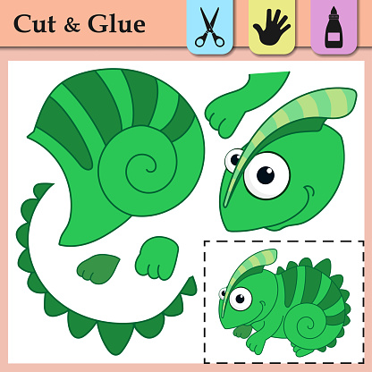 Paper game for kids. Create the applique cute Chameleon. Cut and glue. Lizard. Education logic game for preschool kids. Worksheet activity perfect for scissor practice, fine motor and cutting skills.