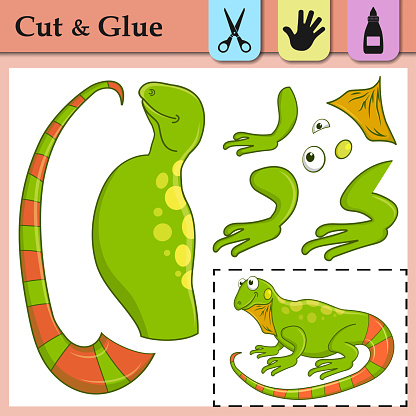 Paper game for kids. Create the applique cute Iguana. Cut and glue. Wild animal. Education logic game for preschool kids. Worksheet activity perfect for scissor practice, fine motor and cutting skills