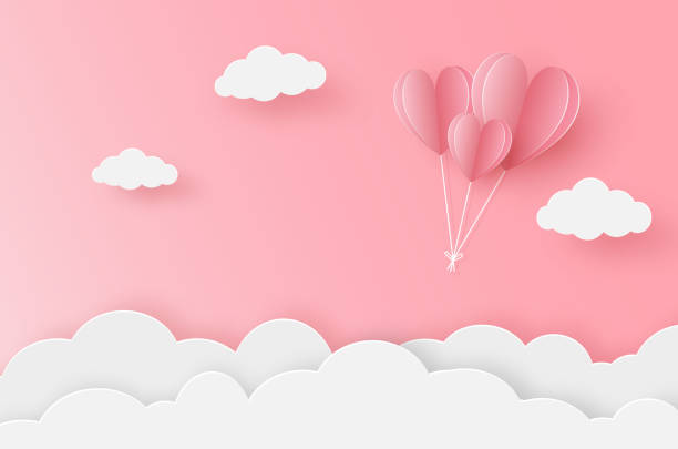 Paper heart balloon flying on the pink sky illustration of love and valentine day. paper heart balloon flying on the pink sky. For valentine's day, birthday, invitation, greeting card, posters and wallpaper. Vector illustration. cloudscape stock illustrations