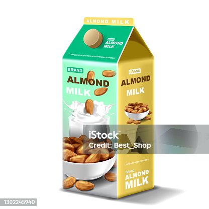 istock Paper package Almond milk with splashing liquid and seeds on isolated background, vector illustration 1302245940