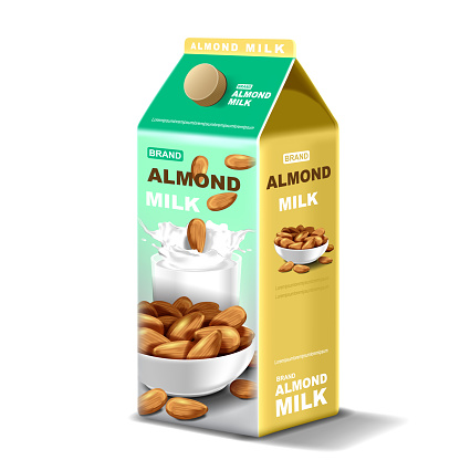 Paper package Almond milk with splashing liquid and seeds on isolated background, vector illustration
