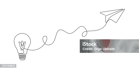 istock Paper plane flying up connected with light bulb in one continuous line drawing. Airplane in outline style. Startup business idea concept with editable stroke. Vector illustration 1321128822