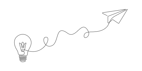 Paper plane flying up connected with light bulb in one continuous line drawing. Airplane in outline style. Startup business idea concept with editable stroke. Vector illustration.