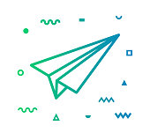 Paper plane outline style icon design with decorations and gradient color. Line vector icon illustration for modern infographics, mobile designs and web banners.