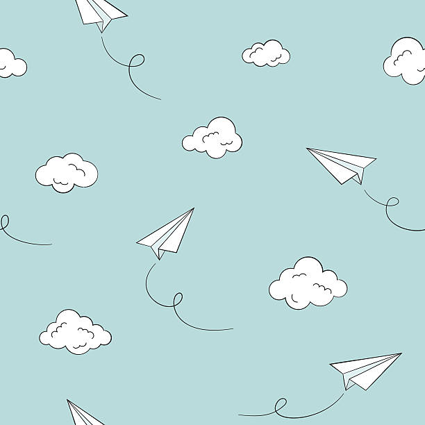 Paper planes seamless background Seamless pattern with paper planes and clouds airplane drawings stock illustrations