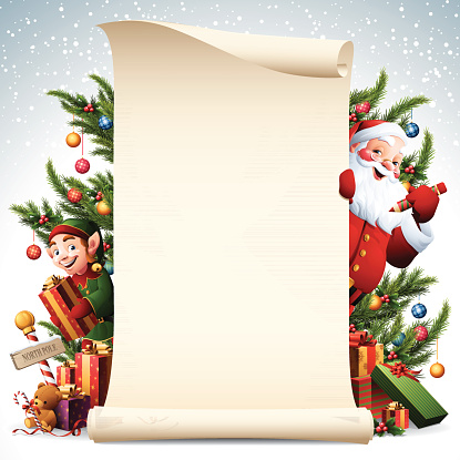 Paper scroll with Santa and Elf and christmas tree decorations