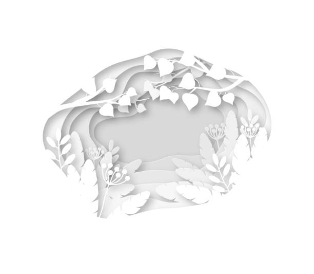 ilustrações, clipart, desenhos animados e ícones de fundo da mola de papel. grama branca, folhas e galhos de árvores cortando de camadas de papel. cartão da decoração do vetor do casamento de origami - tree 3d