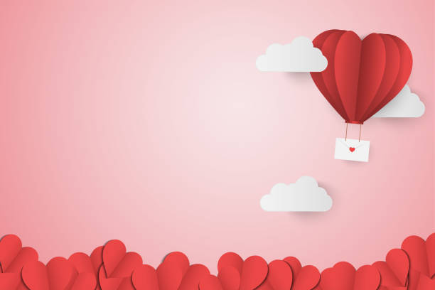 ilustraciones, imágenes clip art, dibujos animados e iconos de stock de amor estilo de san valentín, globo volando sobre la nube y el corazón de papel flotan en el cielo, enviar carta de amor con espacio de copia de papel, vector de fondo de la ilustración - happy valentines day