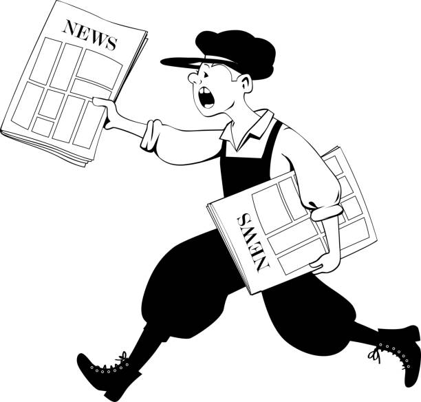 Paperboy running with a pack of newspapers Paperboy running with a pack of newspapers, EPS 8 black vector outline illustration, no white objects newspaper clipart stock illustrations