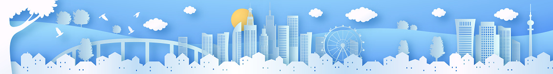 Papercut city landscape horizontal header illustration