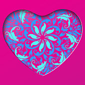 Papercut Heart Frame with Floral Mandala Pattern. Valentines day Greetings card. Realistic papercut with blue flowers and leaves. Colorful Floral bouquet.