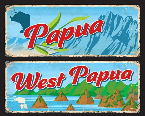 Papua and West Papua indonesian travel plates and stickers. Indonesia province vintage banners or postcards, asian vacation travel vector tin signs with mountains peaks, Wayag island landscapes
