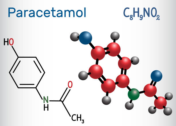 bildbanksillustrationer, clip art samt tecknat material och ikoner med paracetamol (paracetamol) drog molekyl. strukturella kemiska formel och molekyl modell. - alvedon