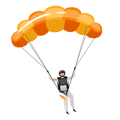 Parachuting flat vector illustration. Skydiving, paragliding experience. Extreme sports. Active lifestyle. Outdoor activities. Sportsman with parachute isolated cartoon character on white background