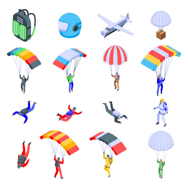 Parachuting icons set, isometric style Parachuting icons set. Isometric set of parachuting vector icons for web design isolated on white background paragliding stock illustrations