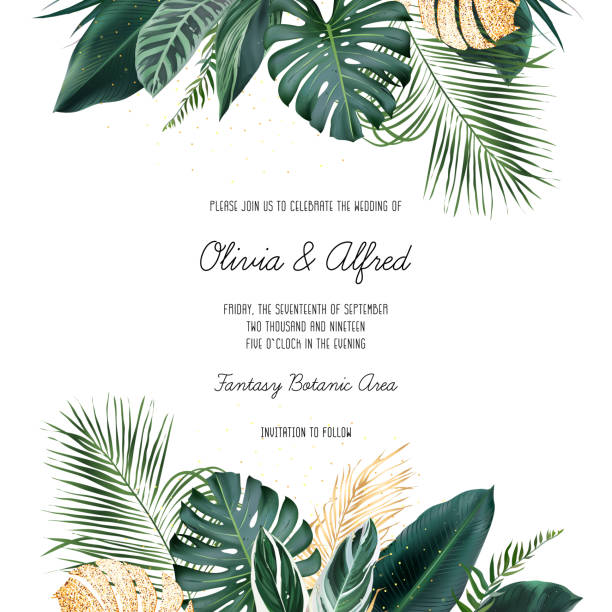 Paradise plants, greenery and palm card. Stylish fashion frame. Tropical banner arranged from exotic emerald and golden glitter leaves. Paradise plants, greenery and palm card. Stylish fashion frame. Wedding design. All leaves are not cut. Isolated and editable tropical climate stock illustrations
