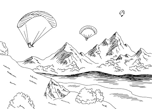 Paraglide fly mountain river graphic black white landscape sketch illustration vector