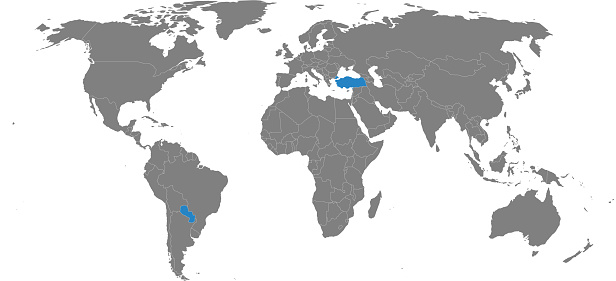 Paraguay, Turkey countries isolated on world map.