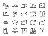 Parcel line icon set. Included the icons as package, box, packing, shipping, delivery, mail, bubble wrap, foam pellets and more.