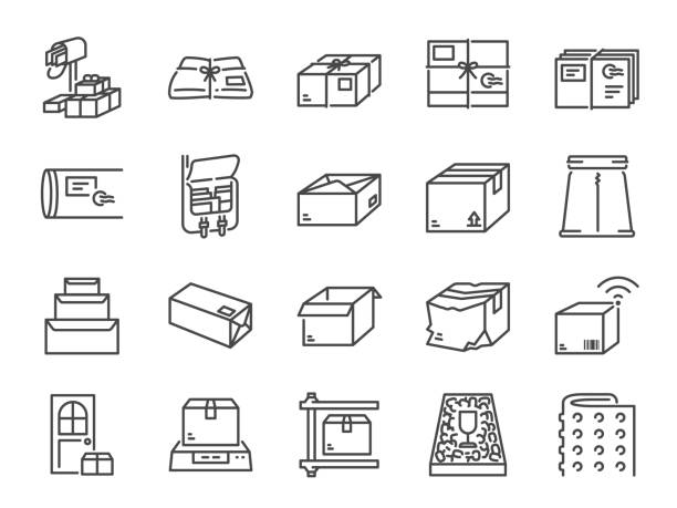 stockillustraties, clipart, cartoons en iconen met pictogramset pakketlijn. inclusief de pictogrammen als pakket, doos, verpakking, verzending, levering, post, noppenfolie, schuimpellets en meer. - unbox