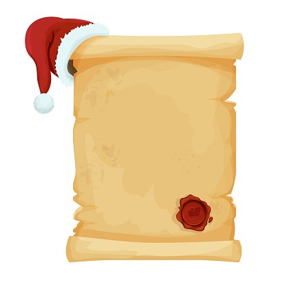 Parchment scroll empty Christmas letter with Santa hat and red round wax seal in cartoon style isolated on white. New year decoration, frame. Holiday, winter. Vector illustration
