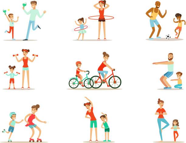 ilustrações, clipart, desenhos animados e ícones de pai e criança que fazem exercícios sportive e treinamento do esporte junto tendo o jogo do divertimento das cenas - son dad workout