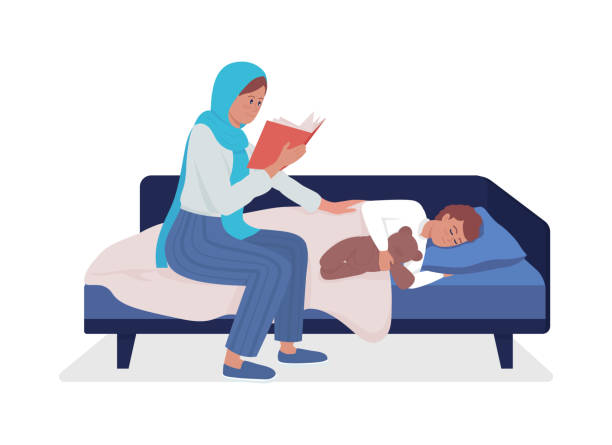 Parent reads for kid semi flat color vector characters Parent reads for kid semi flat color vector characters. Sitting figures. Full body people on white. Family members isolated modern cartoon style illustration for graphic design and animation bedroom silhouettes stock illustrations