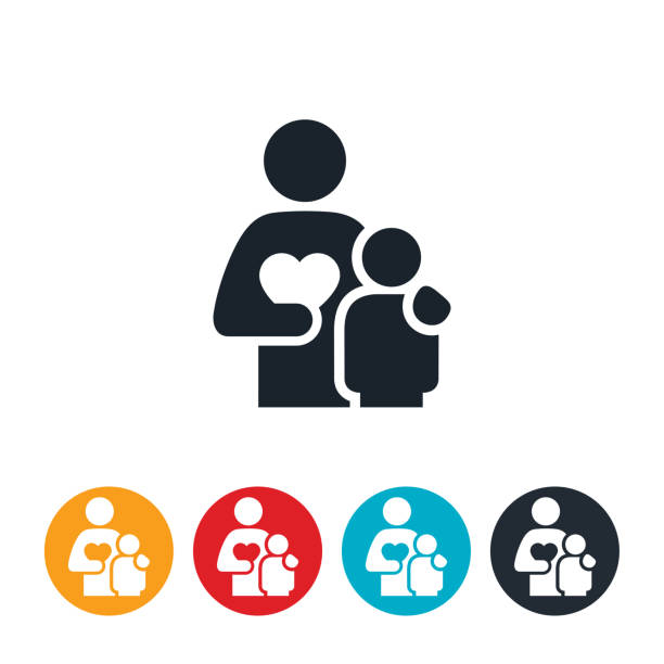 Parent With Child Icon An icon of a parent with their arm around their child. The parent holds a heart in the other hand symbolizing the love between a parent and child. father and child stock illustrations