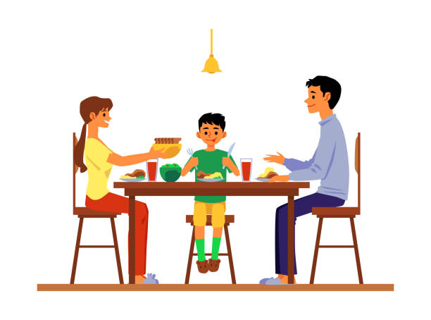 ilustraciones, imágenes clip art, dibujos animados e iconos de stock de padres e hijos cenando y hablando en la mesa de ilustración vectorial plana aislado. - family dinner