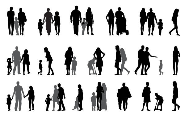stockillustraties, clipart, cartoons en iconen met parents and children with pram silhouette vector illustration - hugging outside
