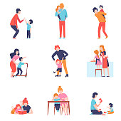 Parents Having Good Time with Kids Set, Mother and Father Teaching and Playing with Sons and Daughters Vector Illustration on White Background.