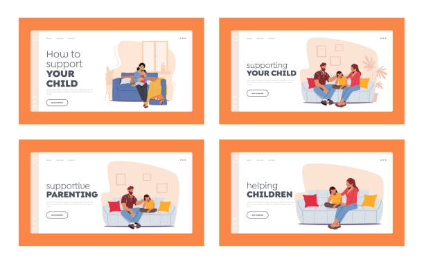 stockillustraties, clipart, cartoons en iconen met parents support their children landing page template set. father and mother comforting kids. upset son and daughter cry - embrace man woman serious