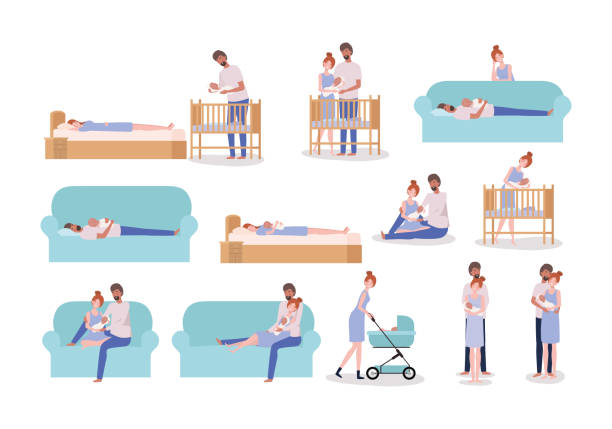 stockillustraties, clipart, cartoons en iconen met ouders verzorgen van pasgeboren baby set activiteiten - wiegman