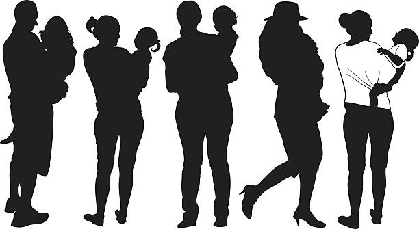 parents set of different parents holding kids mother silhouettes stock illustrations